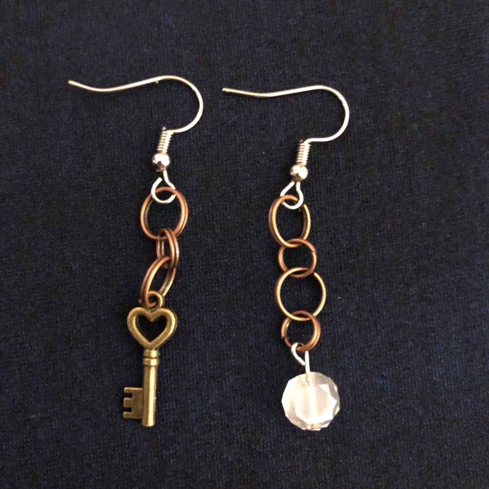 Mismatched Earrings Heart Key & Glass Crystal Bead Boho Statement Jewelry